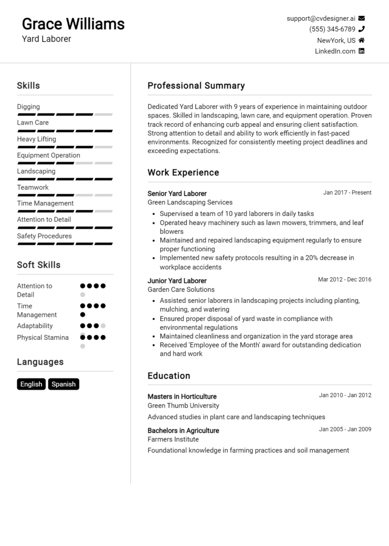 Yard Laborer Resume Example for 2025: Top CV Skills