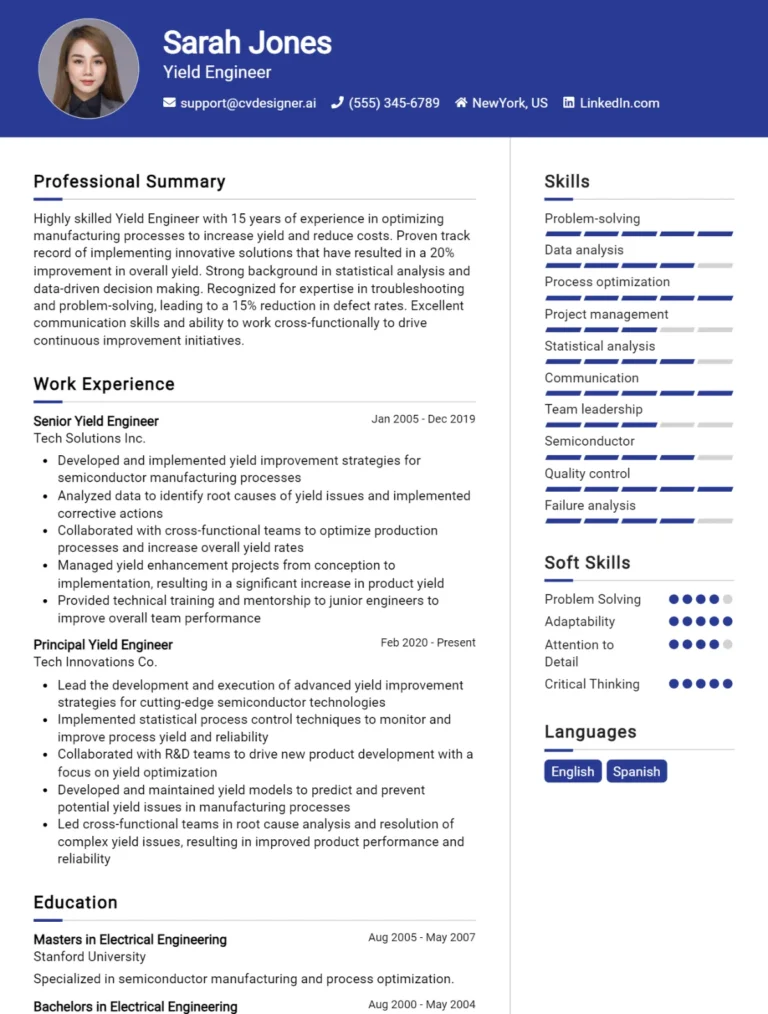 Yield Engineer CV Example For 2025: Professional CV Templates
