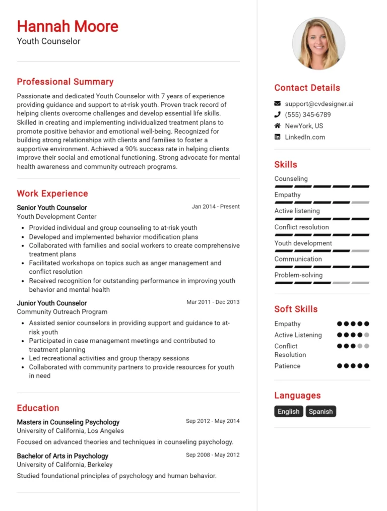 Youth Counselor CV Example For 2025: Tips & Templates