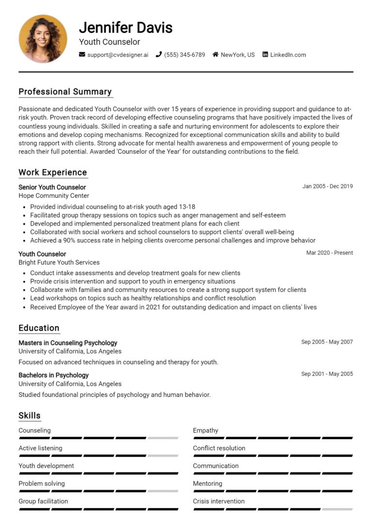 Youth Counselor Resume Example for 2025: Top CV Skills