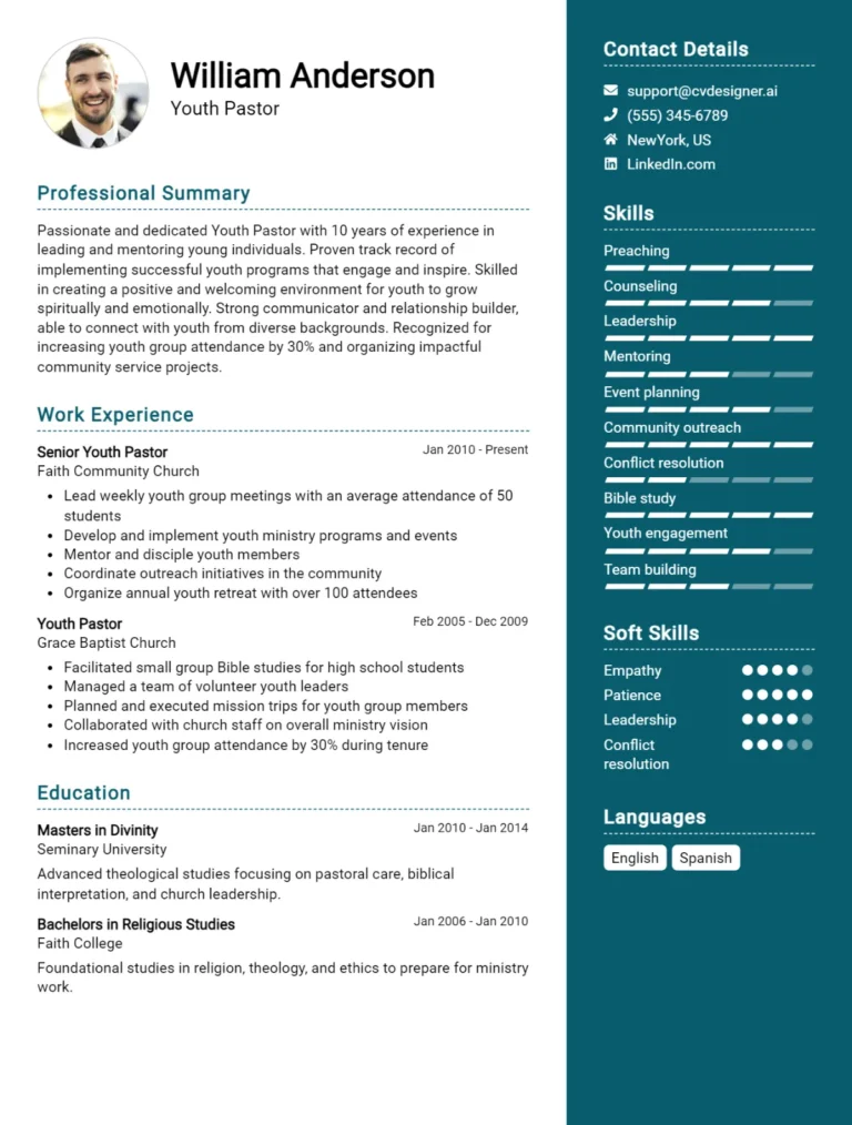 Youth Pastor CV Example For 2025: Samples & Best Practices