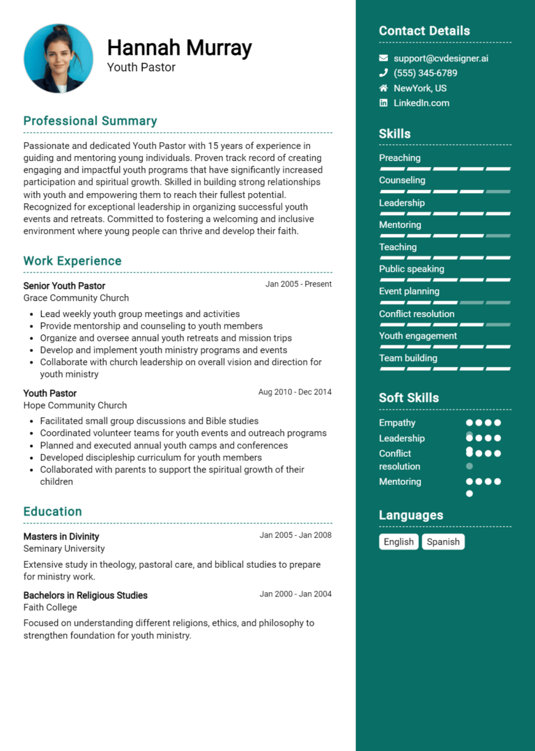 Youth Pastor Resume Example for 2025: Free Downloadable Templates