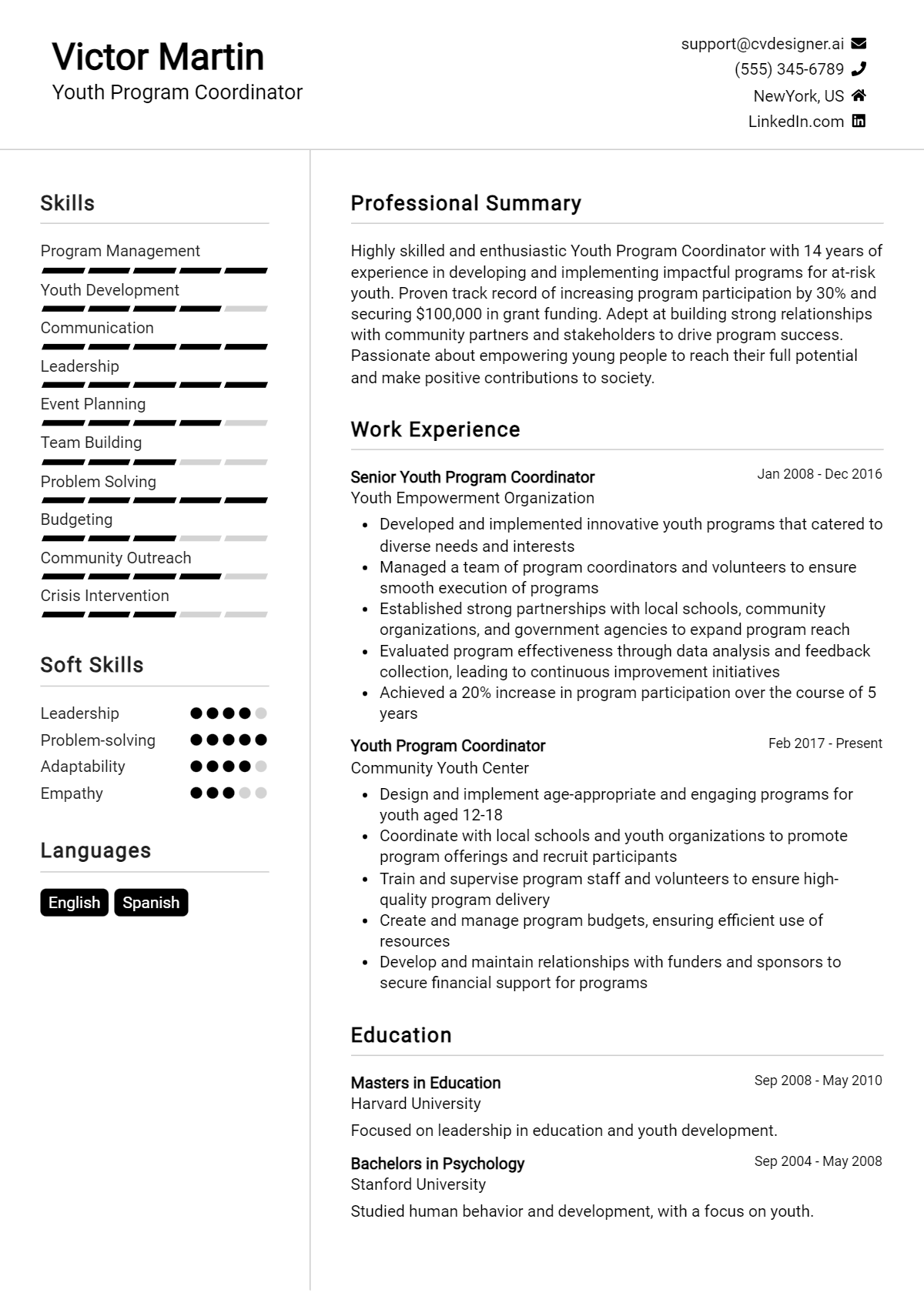 Youth Program Coordinator Resume Example