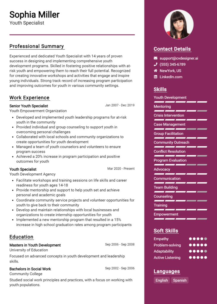 Youth Specialist Resume Example for 2024: Top Templates - CVDesigner.ai