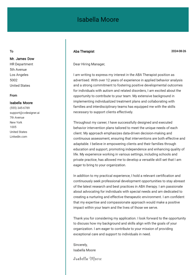 Aba Therapist Cover Letter Example for 2025 (Complete Writing Guide)