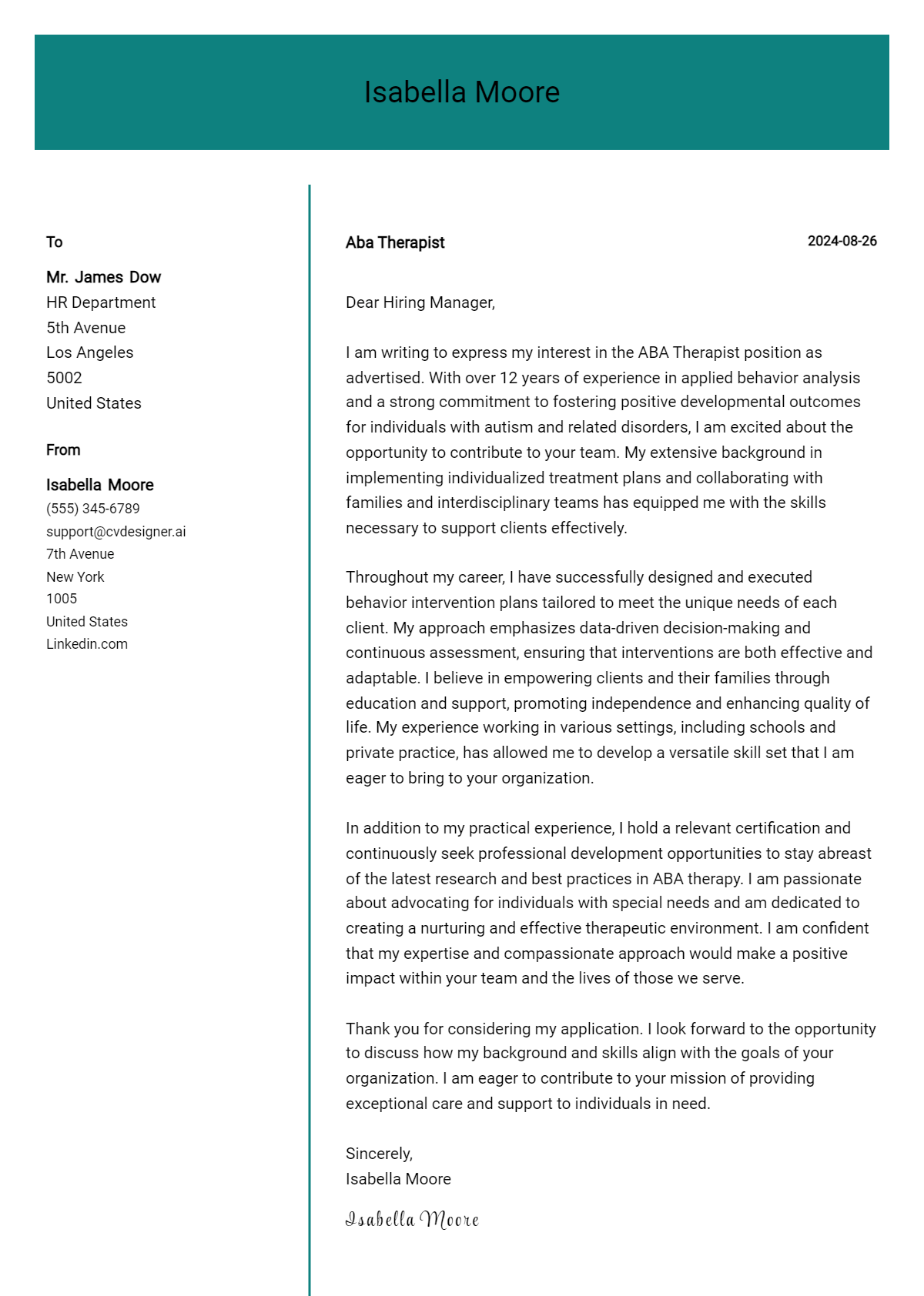 aba therapist cover letter example