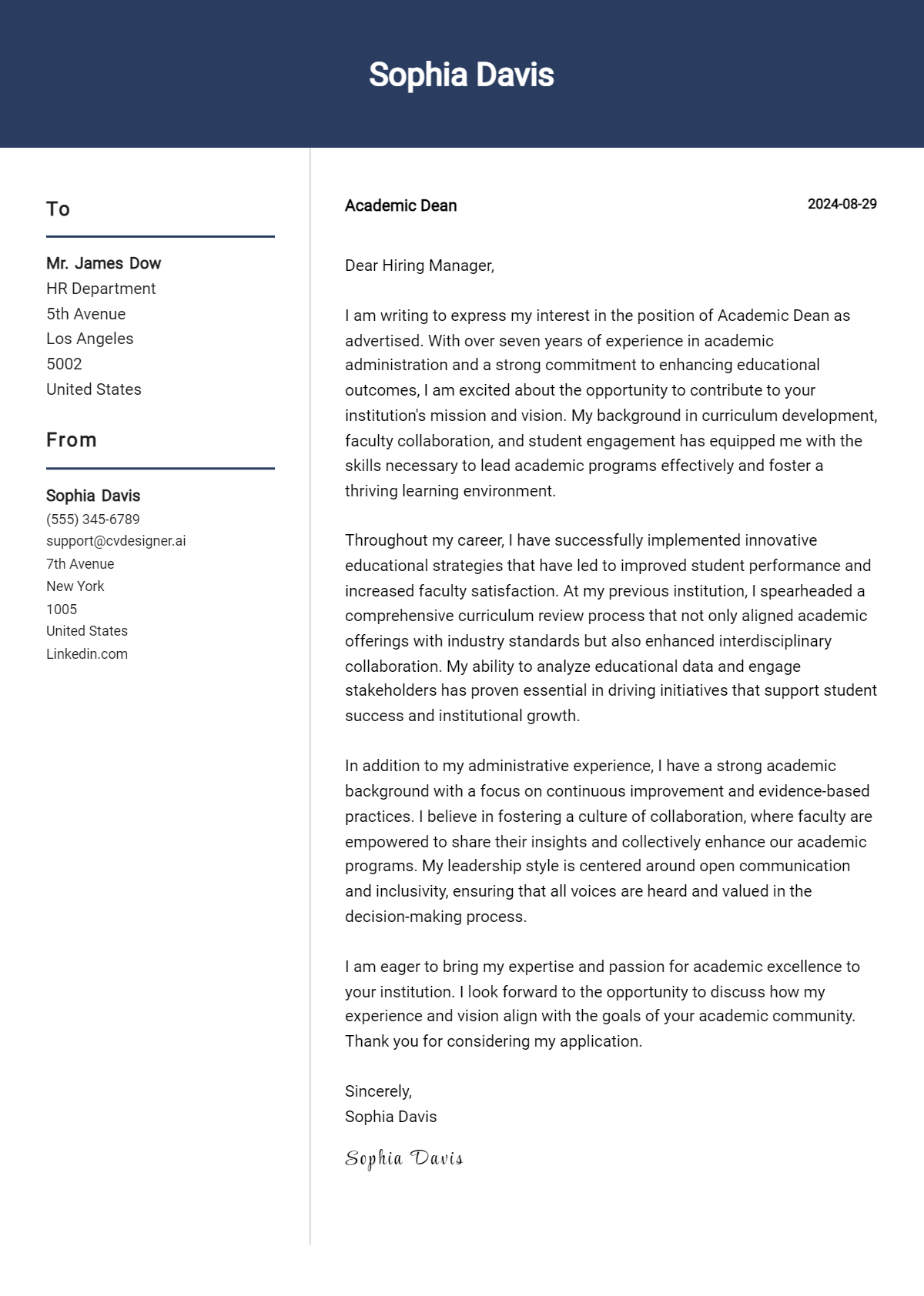 academic dean cover letter example