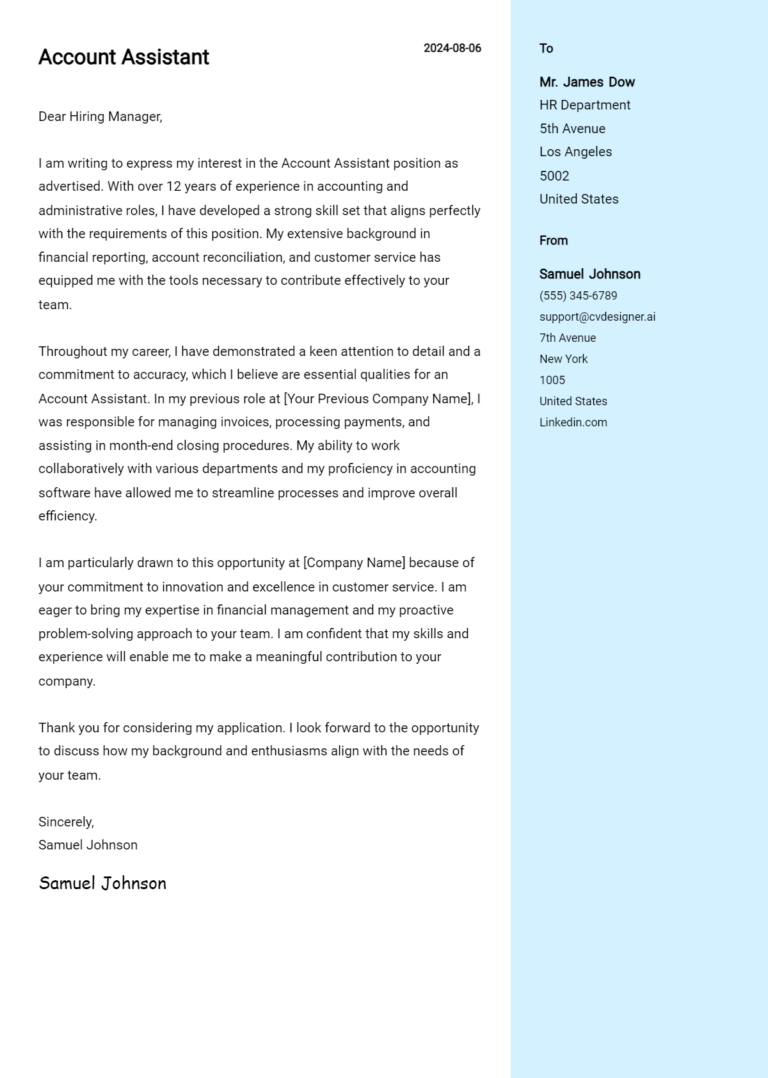Account Assistant Cover Letter Examples for 2025