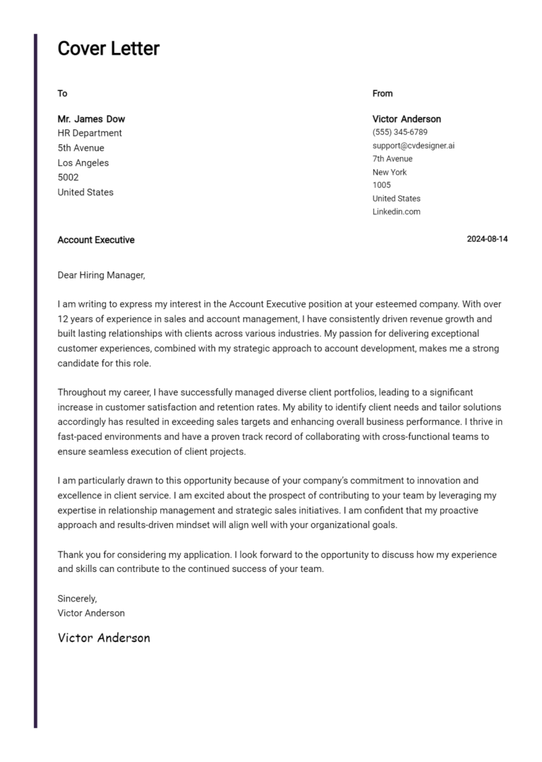 Account Executive Cover Letter Example for 2025: Proven Tips 1 Account Executive Cover Letter Example for 2025: Proven Tips