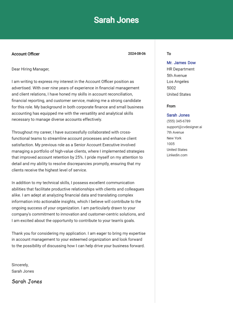 Account Officer Cover Letter Examples and Templates for 2025
