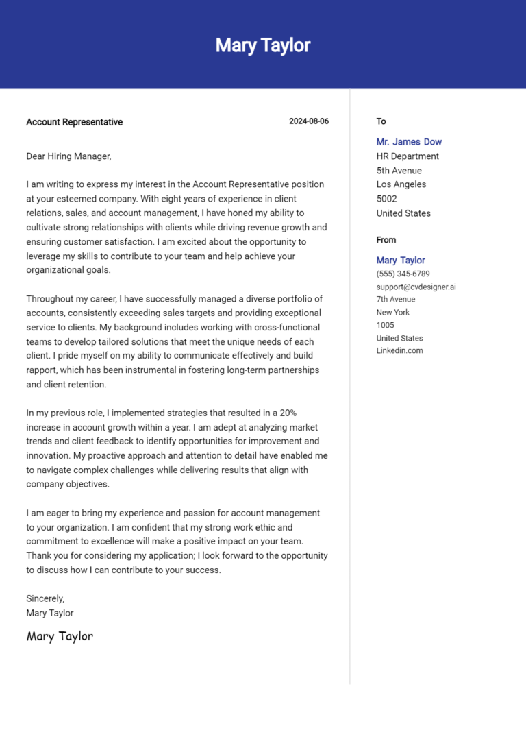 Account Representative Cover Letter Examples with Writing Tips for 2025