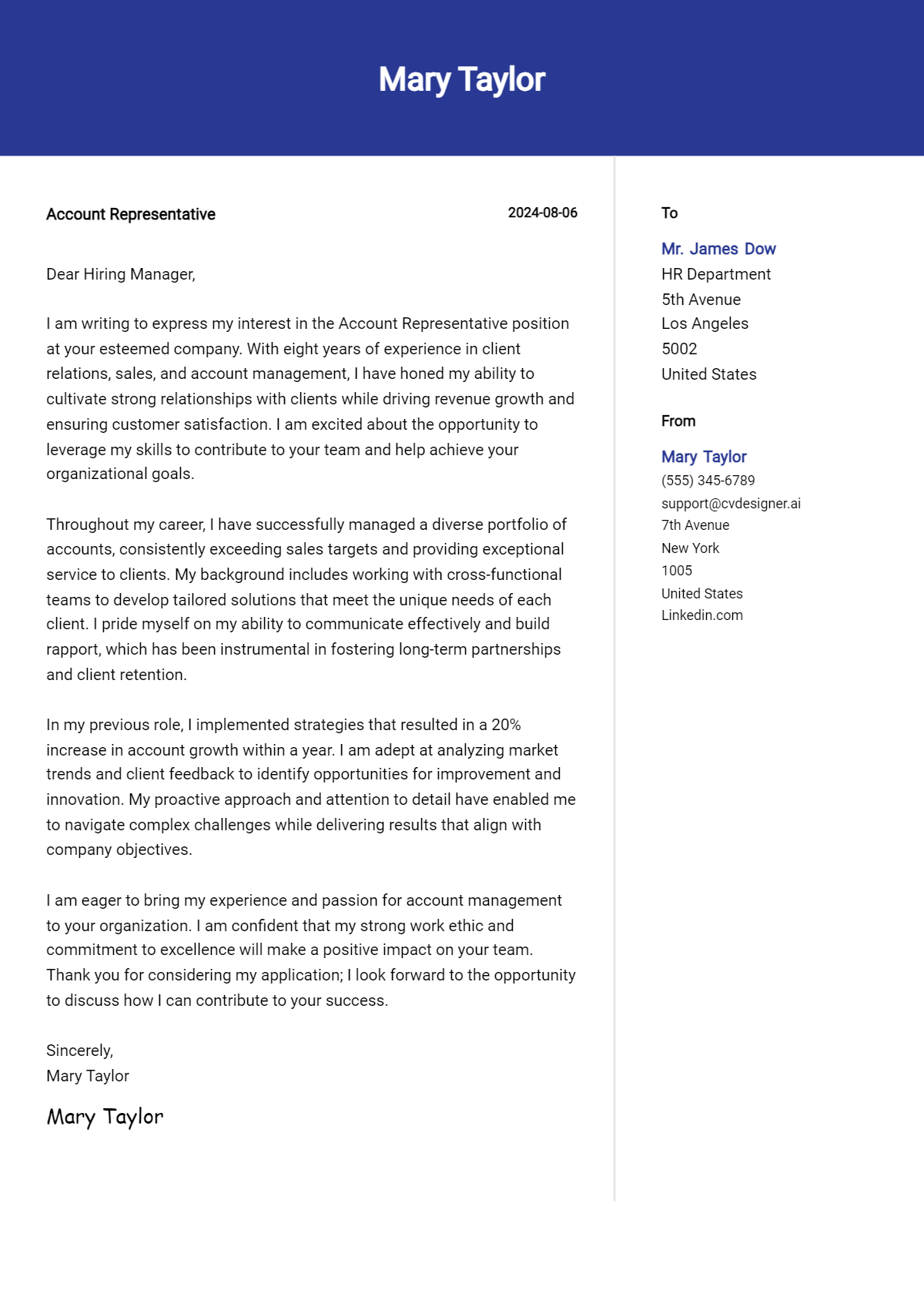 account representative cover letter example