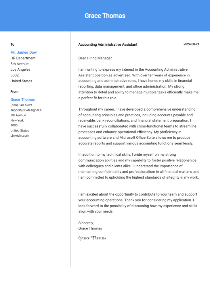 accounting administrative assistant cover letter example