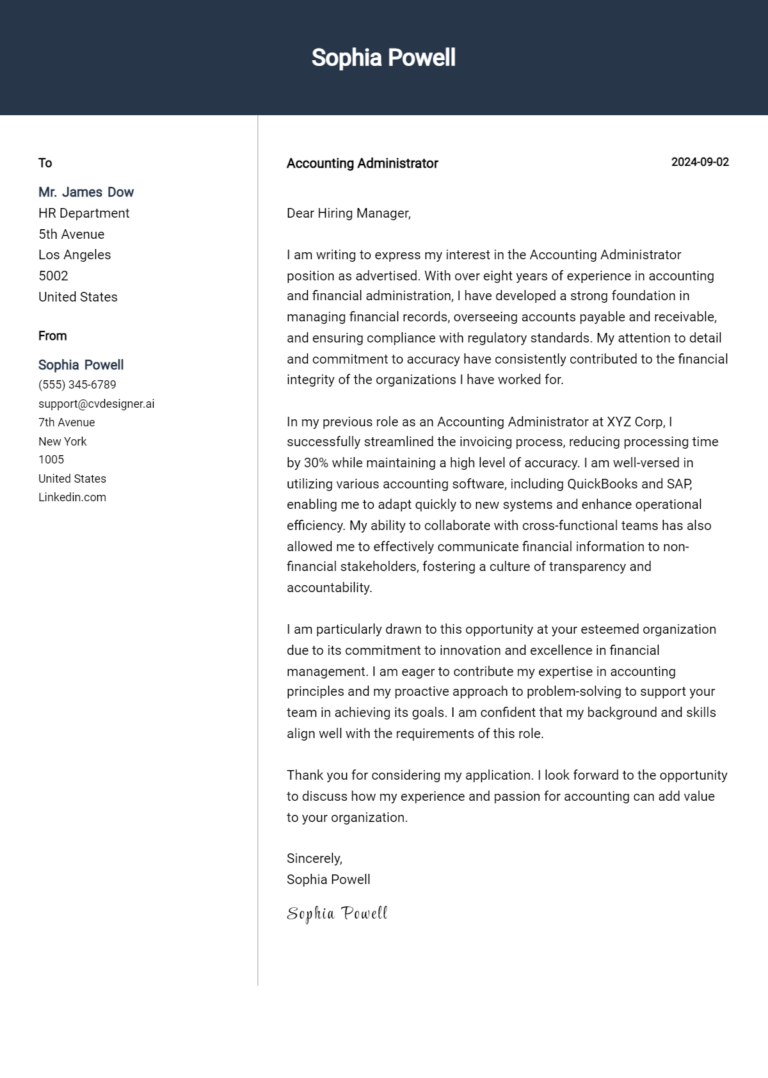 Accounting Administrator Cover Letter Example for 2025: Free Templates