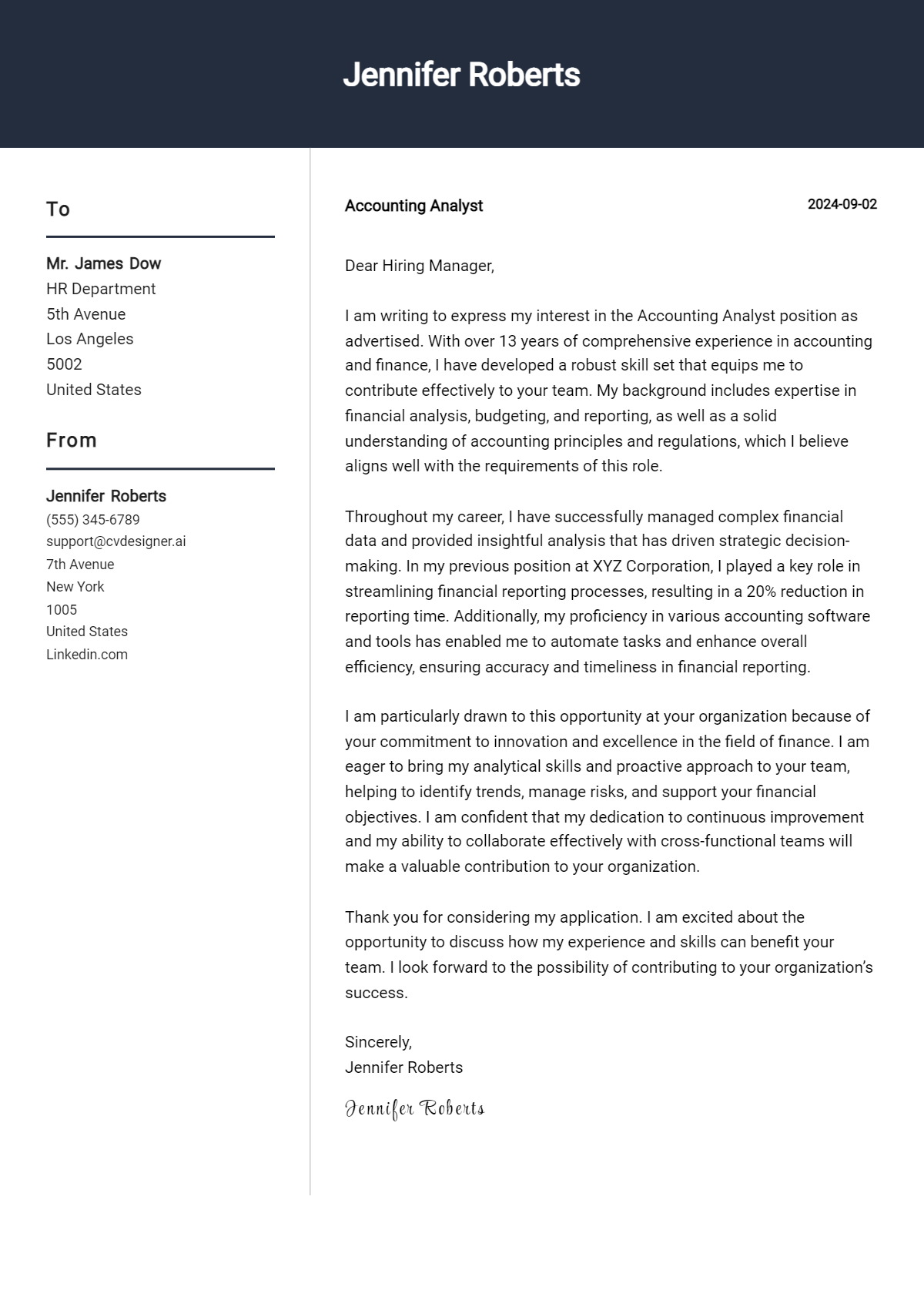 Accounting Analyst Cover Letter Examples & Samples for 2024 - CVDesigner.ai