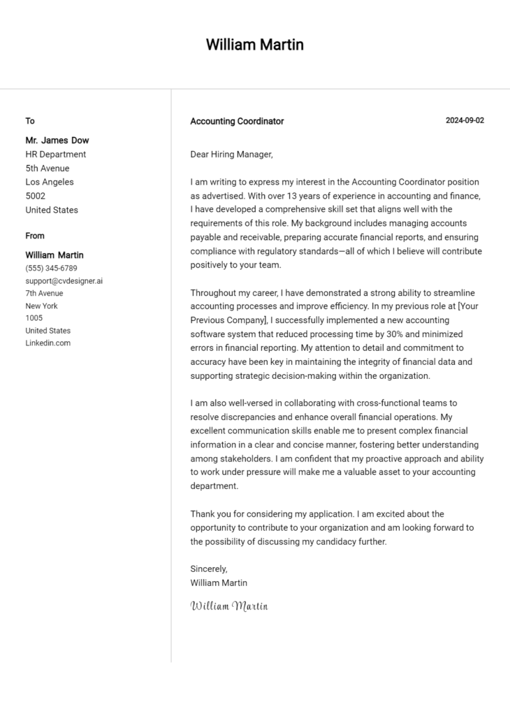 accounting coordinator cover letter example