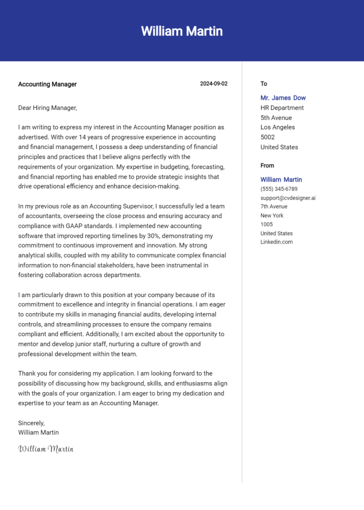 accounting manager cover letter example