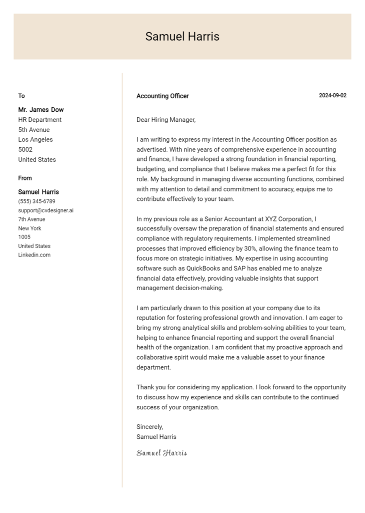 accounting officer cover letter example