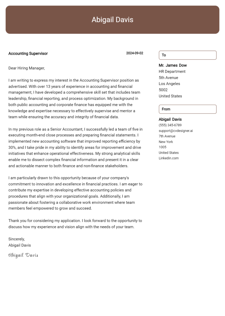 Accounting Supervisor Cover Letter Examples and Templates for 2025