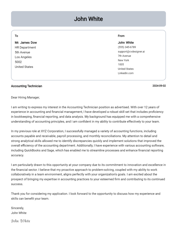 accounting technician cover letter example