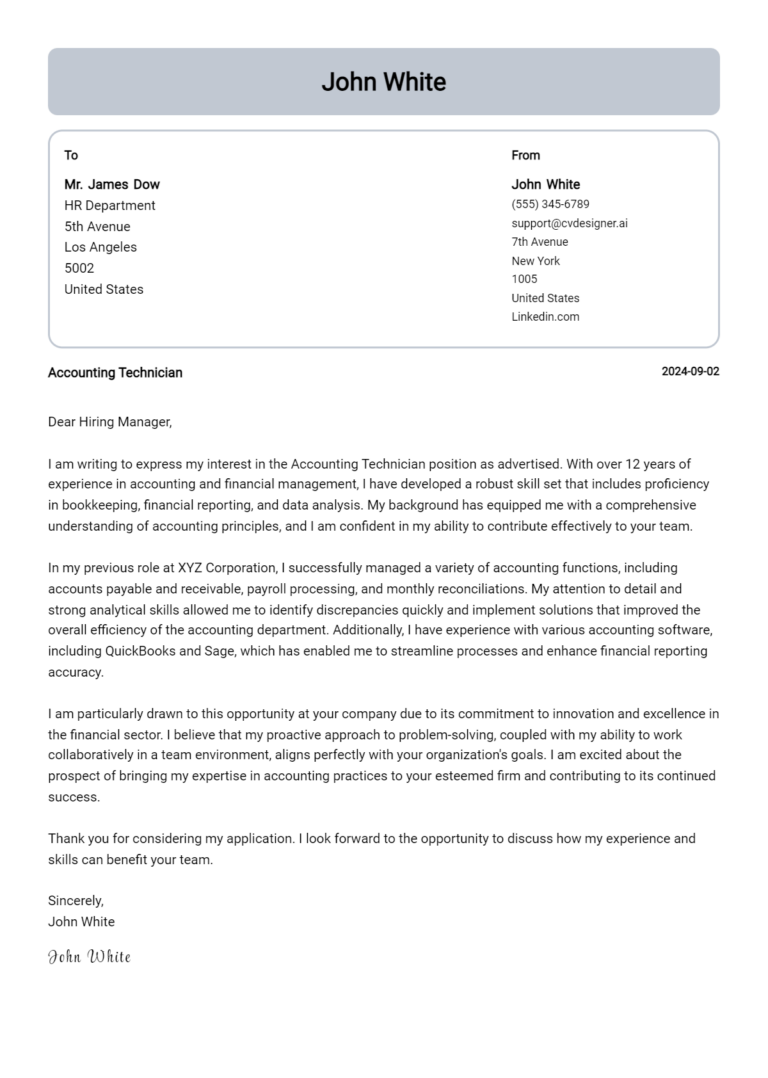 Accounting Technician Cover Letter Example for 2025 (Complete Writing Guide)