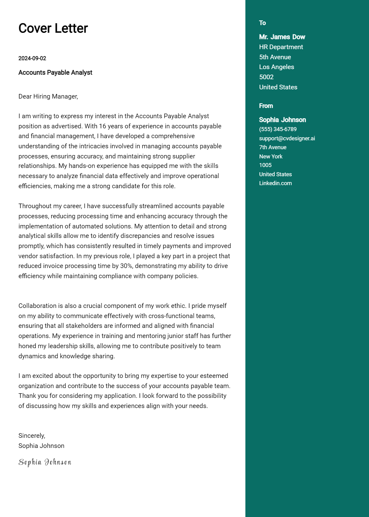 accounts payable analyst cover letter example
