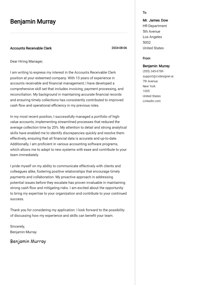 Accounts Receivable Clerk Cover Letter Samples & Examples 2025