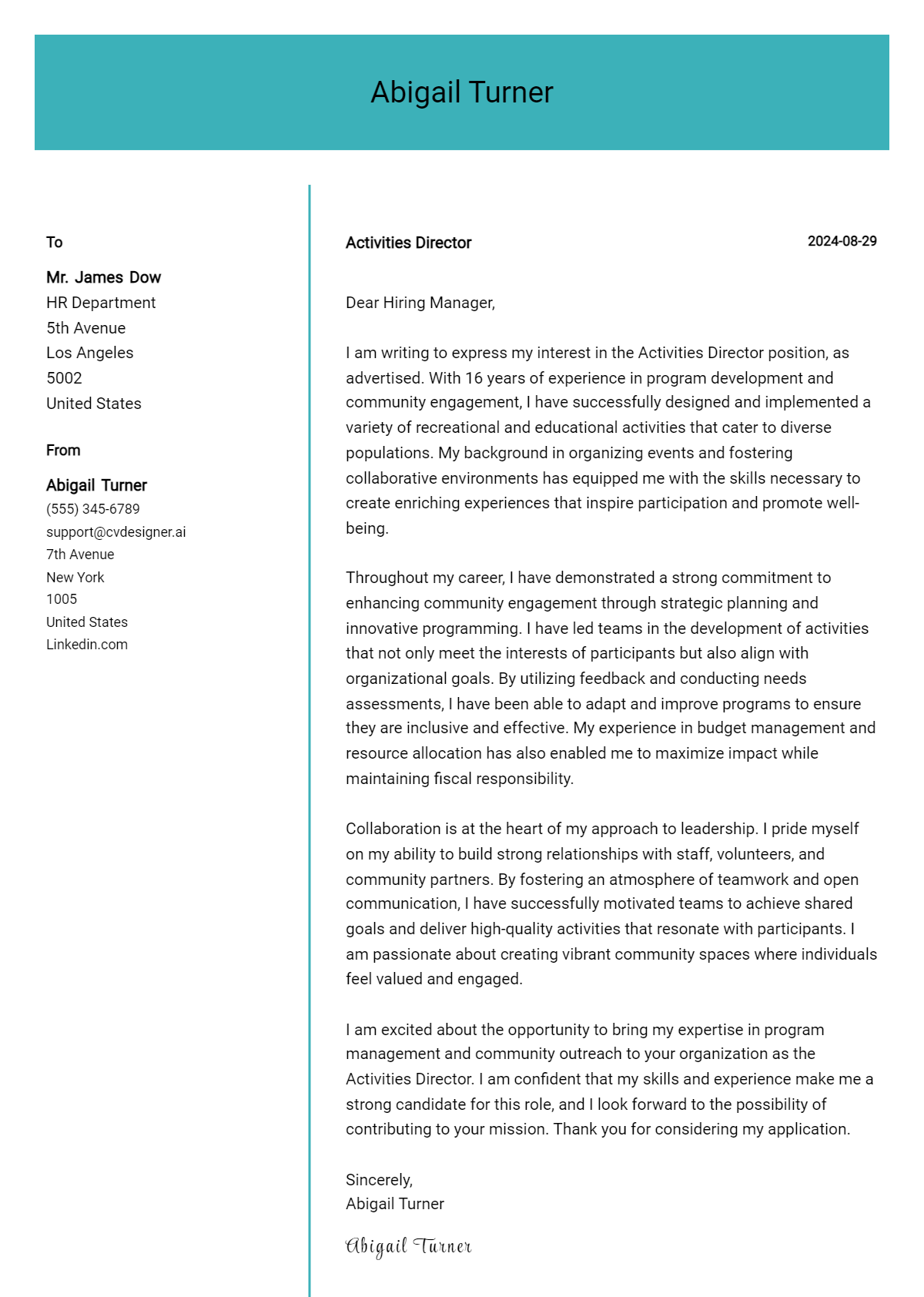 activities director cover letter example