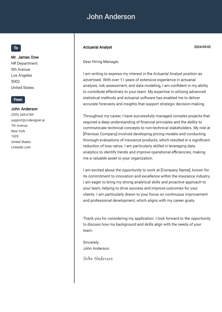 Actuarial Analyst Cover Letter Example for 2025: Proven Tips
