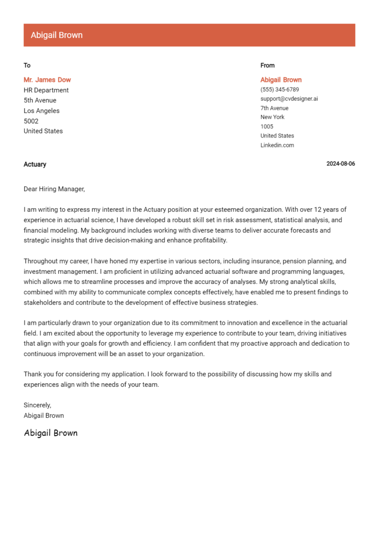 Actuary Cover Letter Examples with Writing Tips for 2025