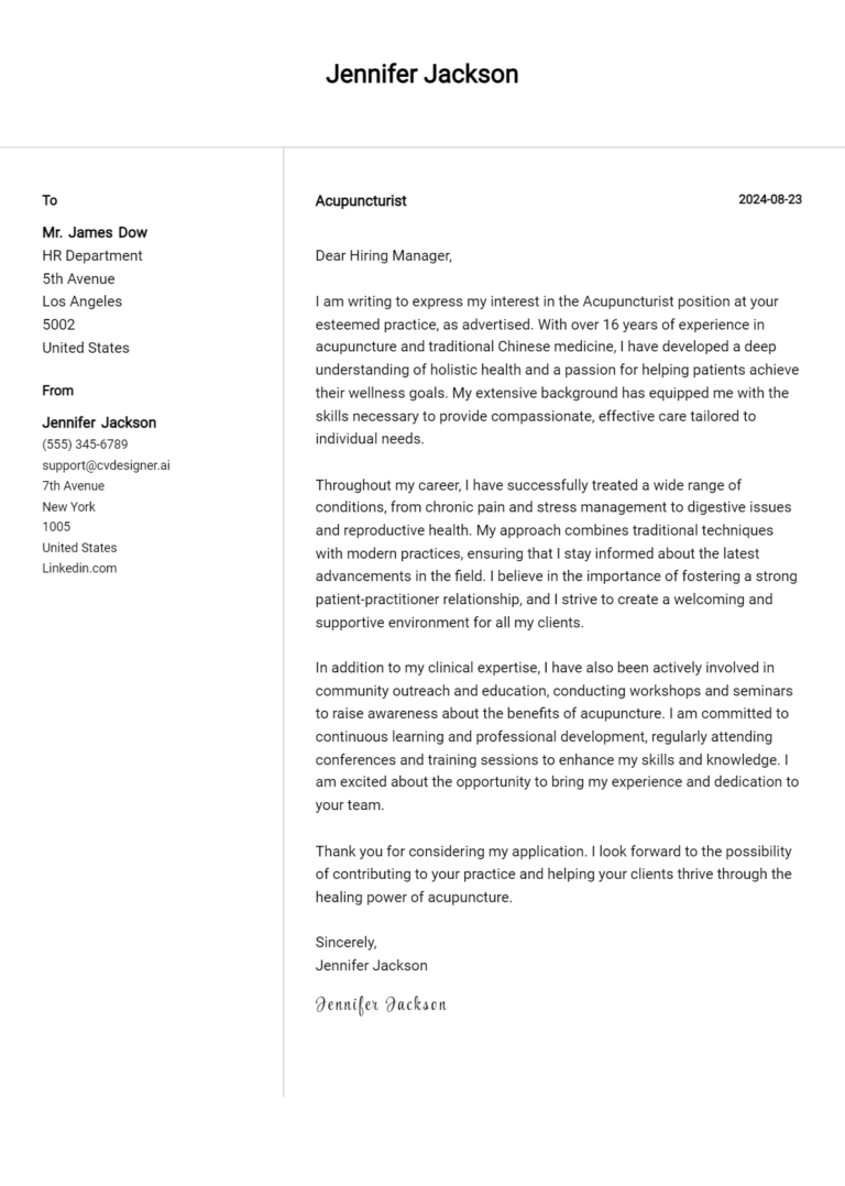 Acupuncturist Cover Letter Samples & Examples 2025