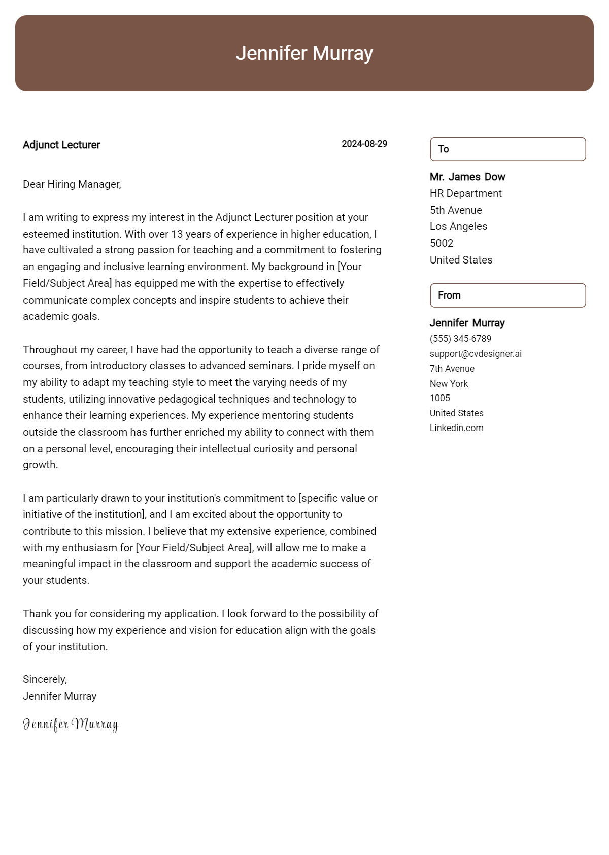 adjunct lecturer cover letter example