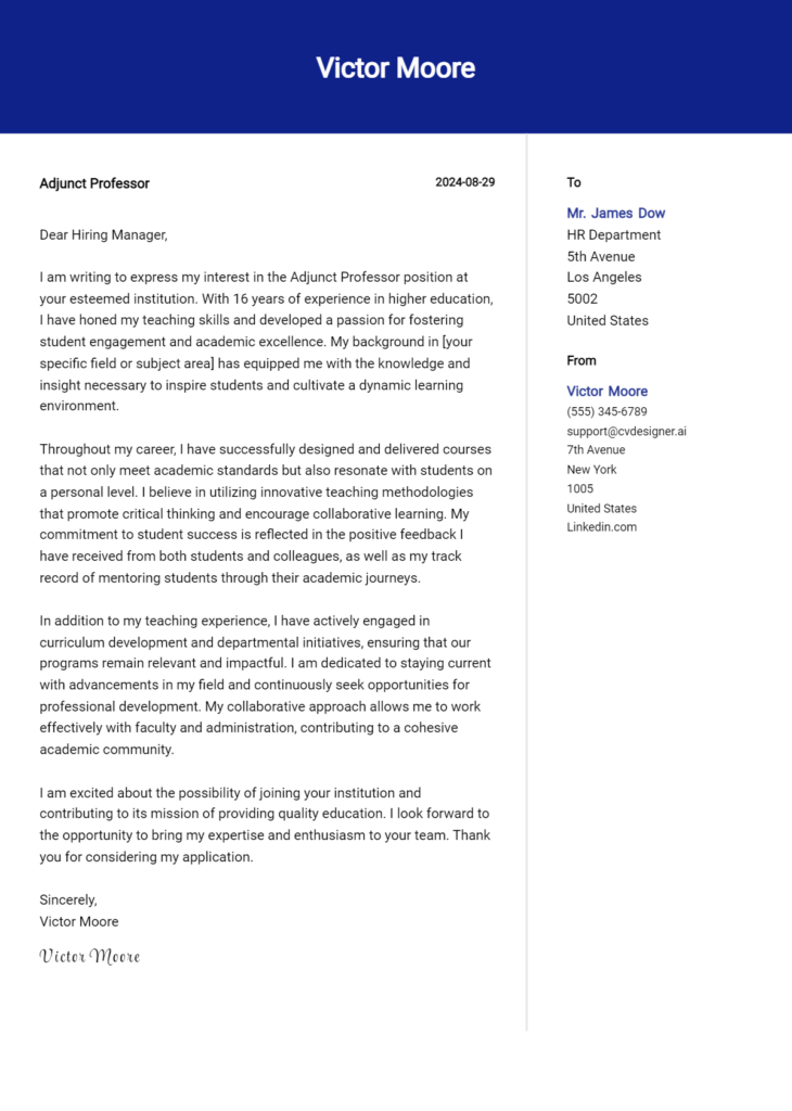 Adjunct Professor Cover Letter Samples & Examples 2024 - CVDesigner.ai