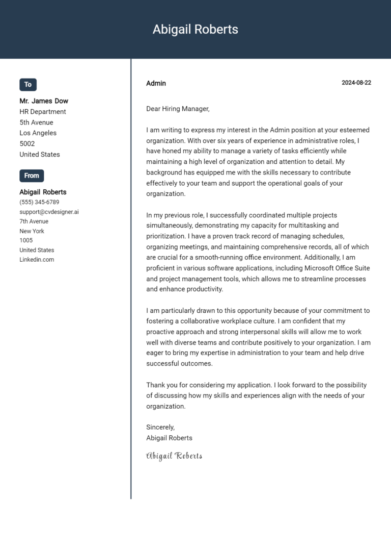 Admin Cover Letter Examples with Writing Tips for 2025