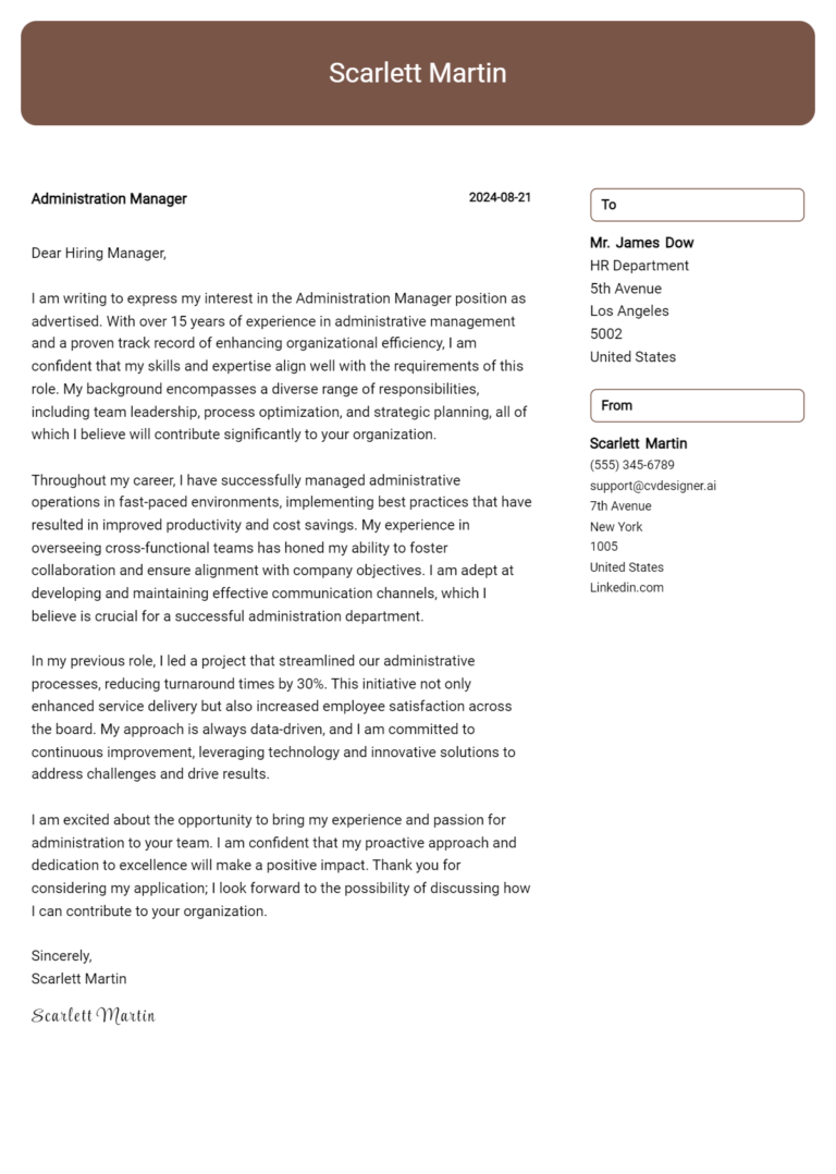 Administration Manager Cover Letter Examples for 2025 (Downloadable)