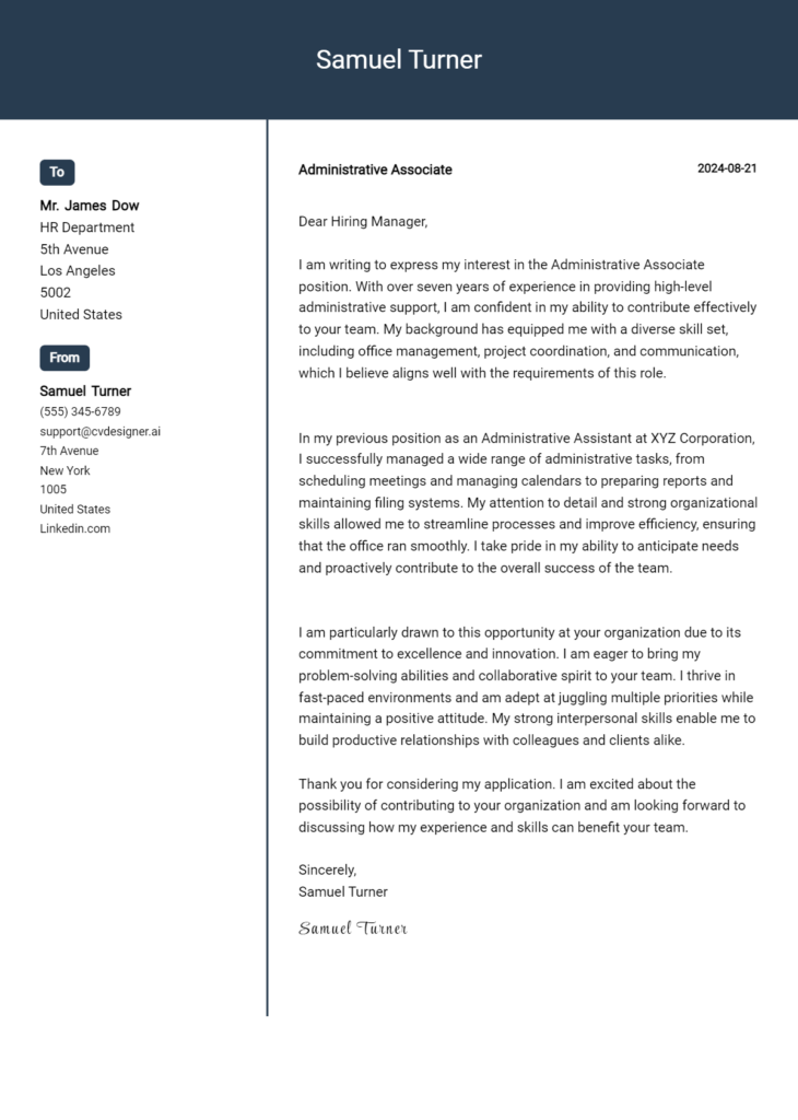 administrative associate cover letter example