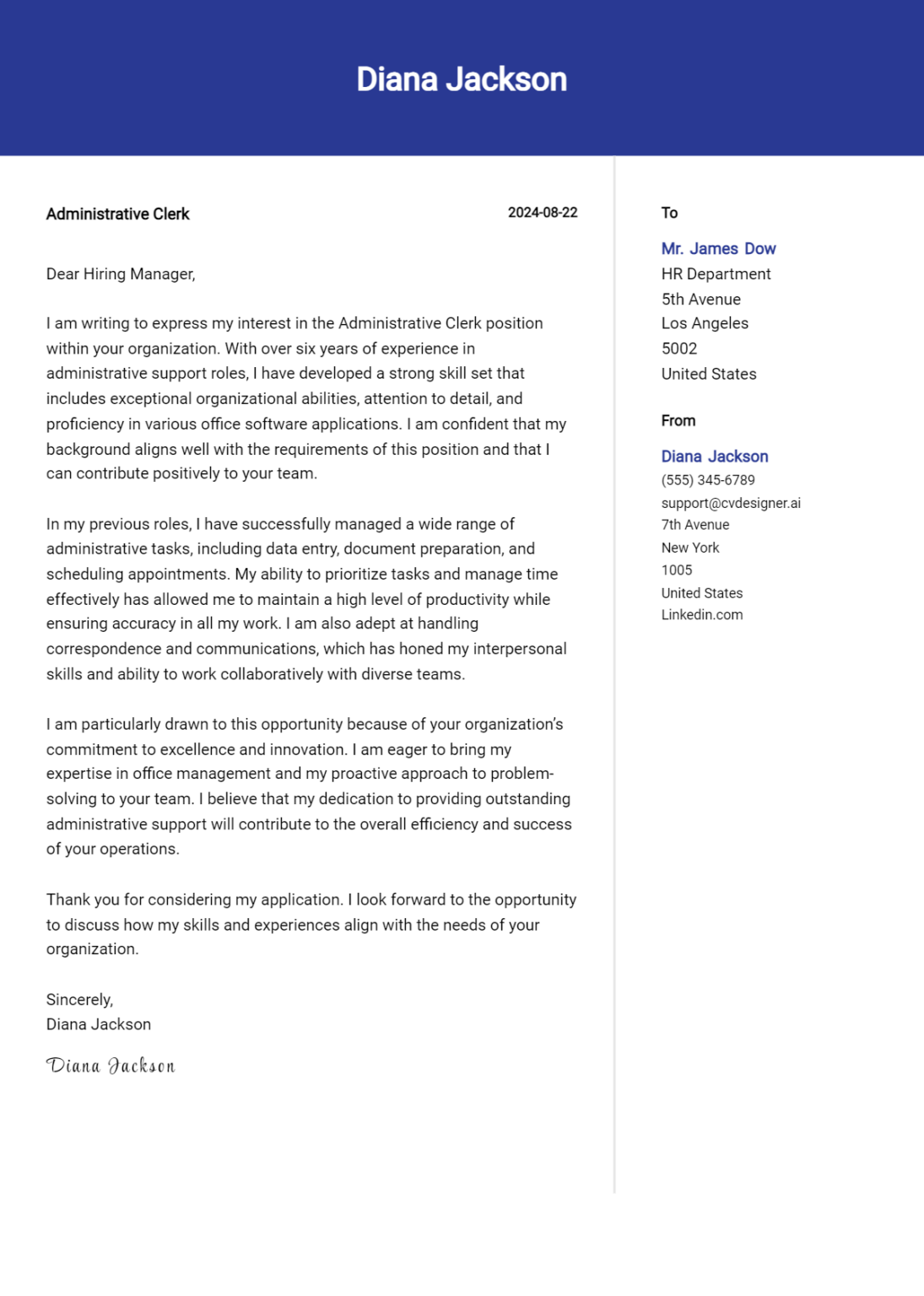 Administrative Clerk Cover Letter Samples & Examples 2024 - CVDesigner.ai