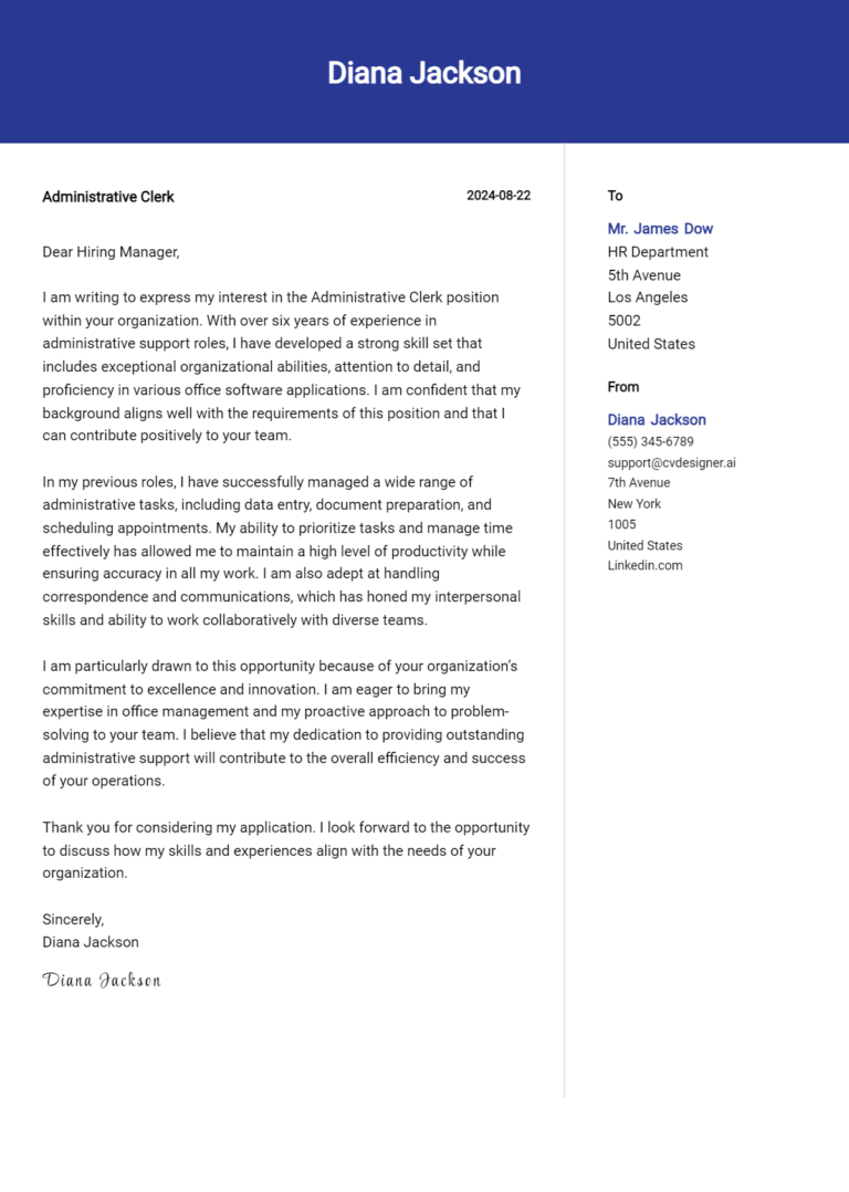 17 Administrative Clerk Cover Letter Samples & Examples 2025