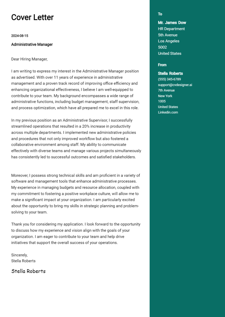 Administrative Manager Cover Letter Example for 2025 (Writing Guide)