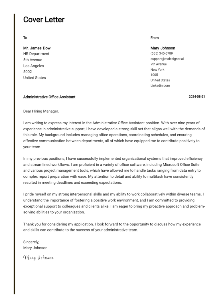 18 Administrative Office Assistant Cover Letter Examples for 2025: Top CV Skills 1 18 Administrative Office Assistant Cover Letter Examples for 2025: Top CV Skills