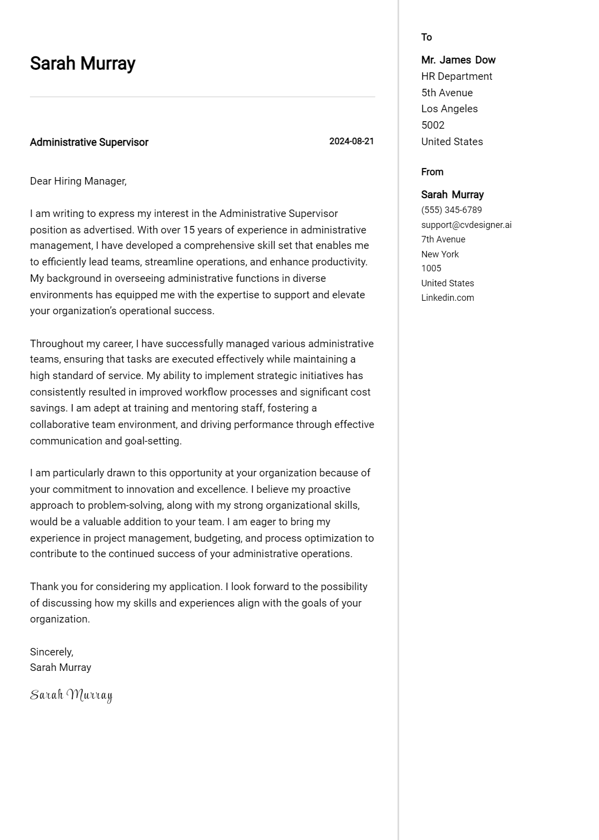 administrative supervisor cover letter example