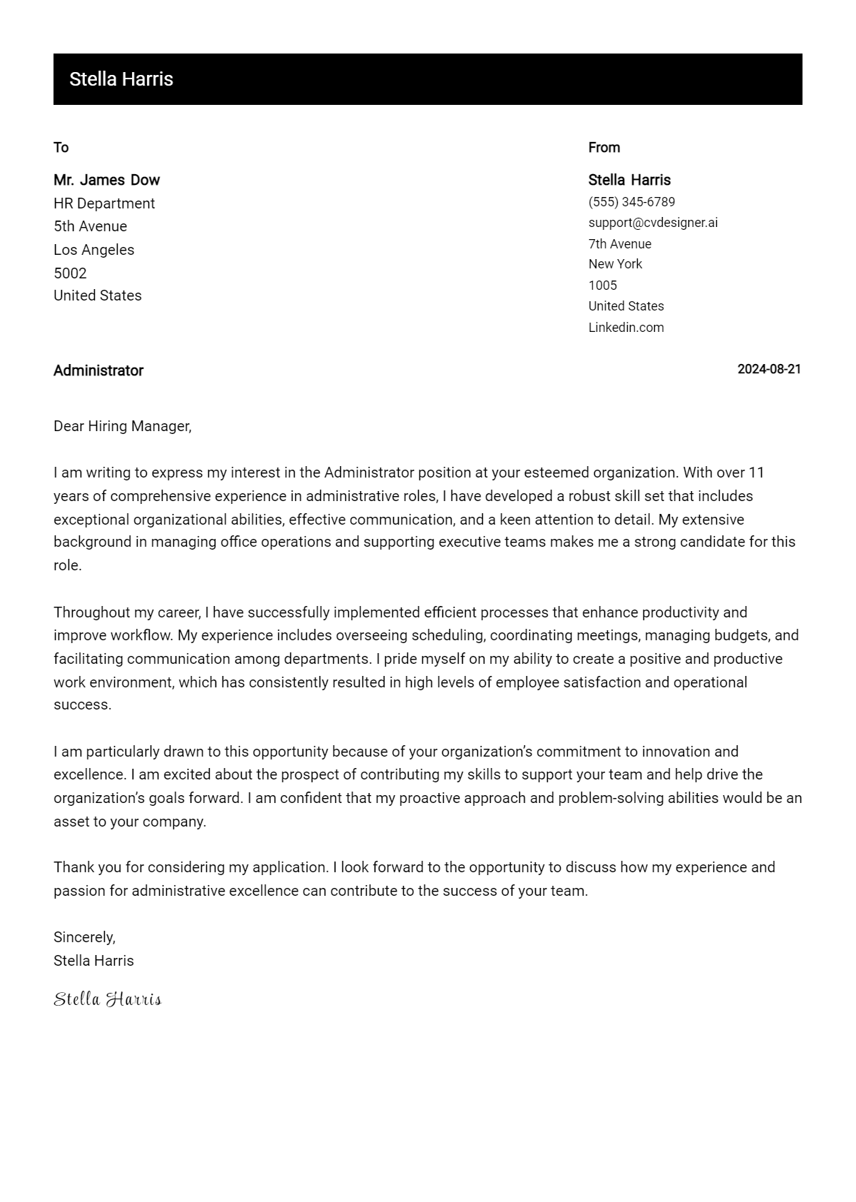 administrator cover letter example