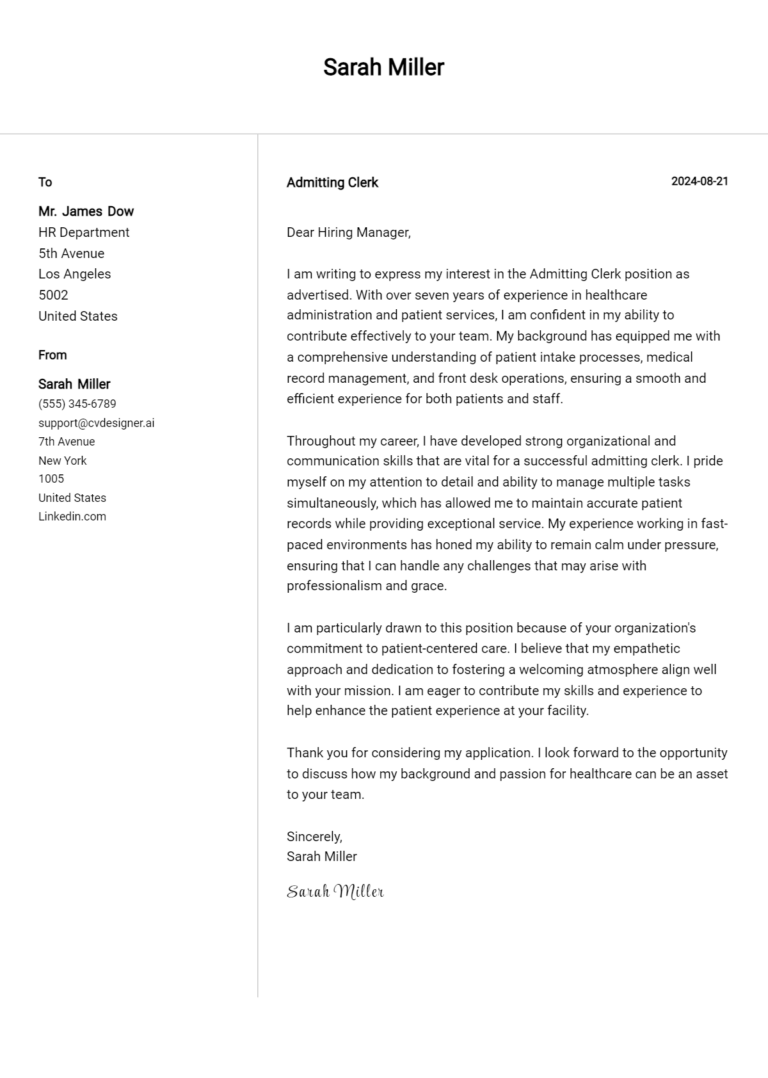 Admitting Clerk Cover Letter Samples & Examples 2025