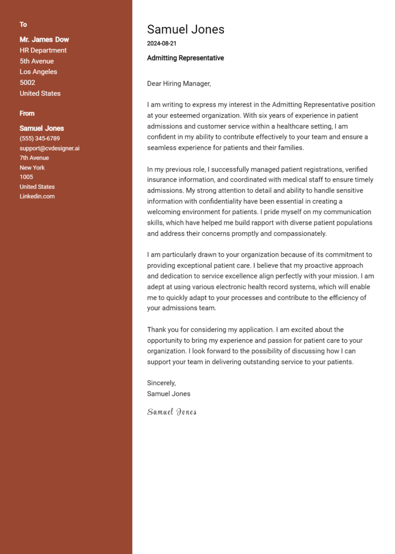Admitting Representative Cover Letter Example for 2025 (Free Templates)