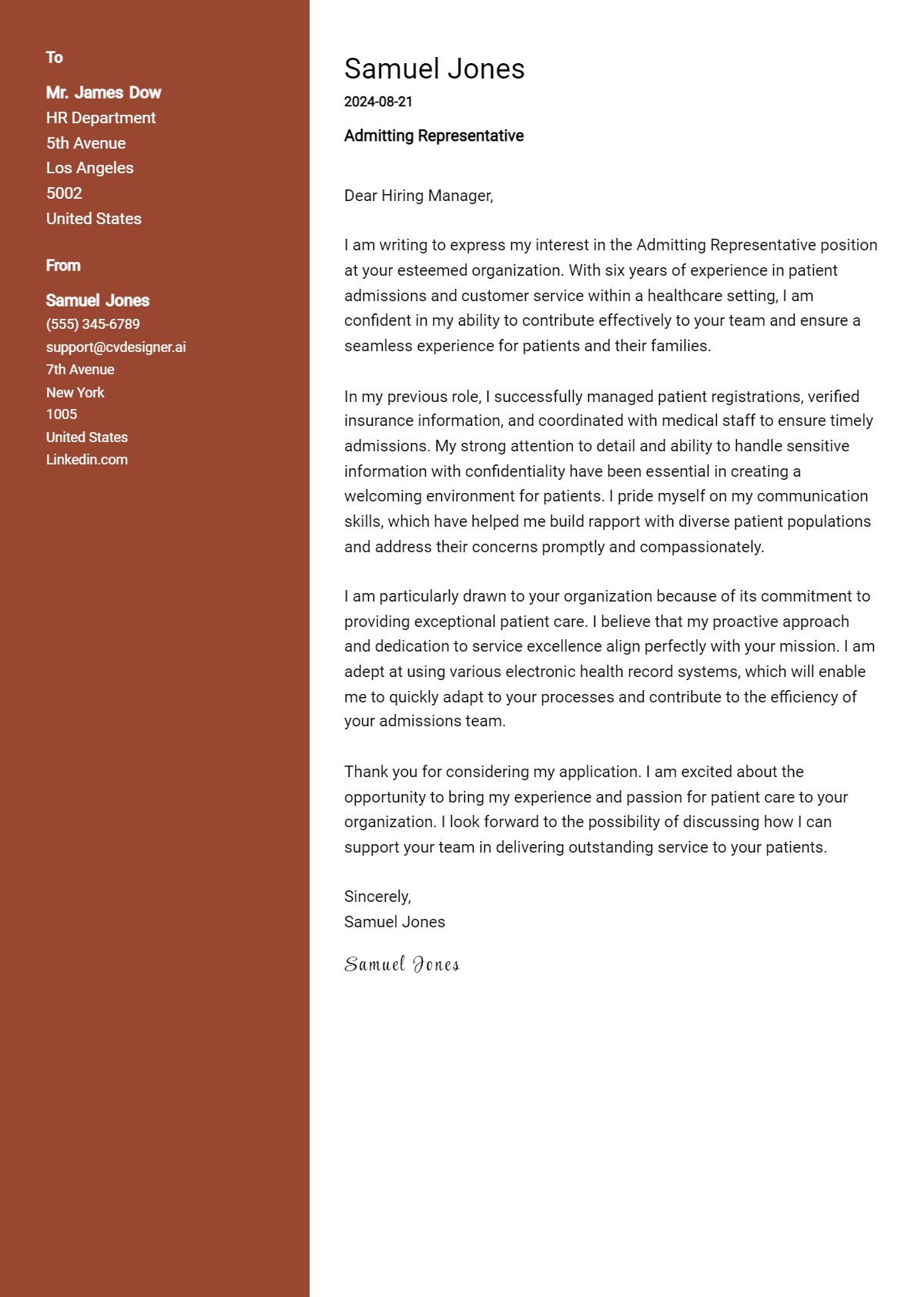 admitting representative cover letter example
