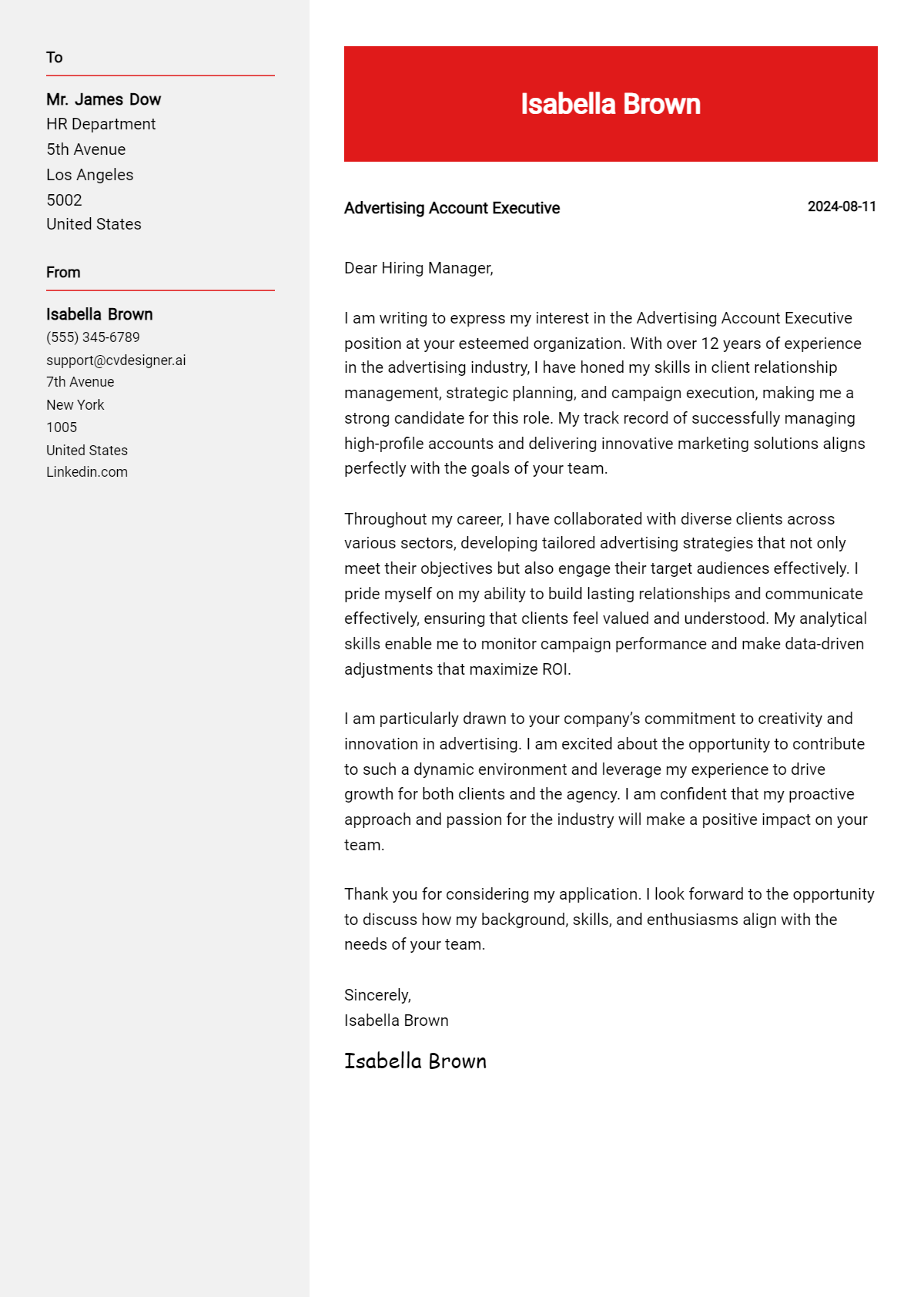 advertising account executive cover letter example