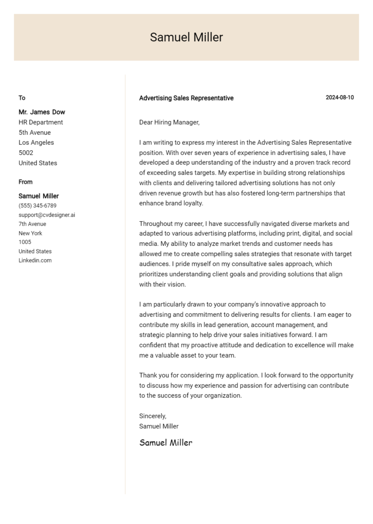 Advertising Sales Representative Cover Letter Example for 2025: Proven Tips