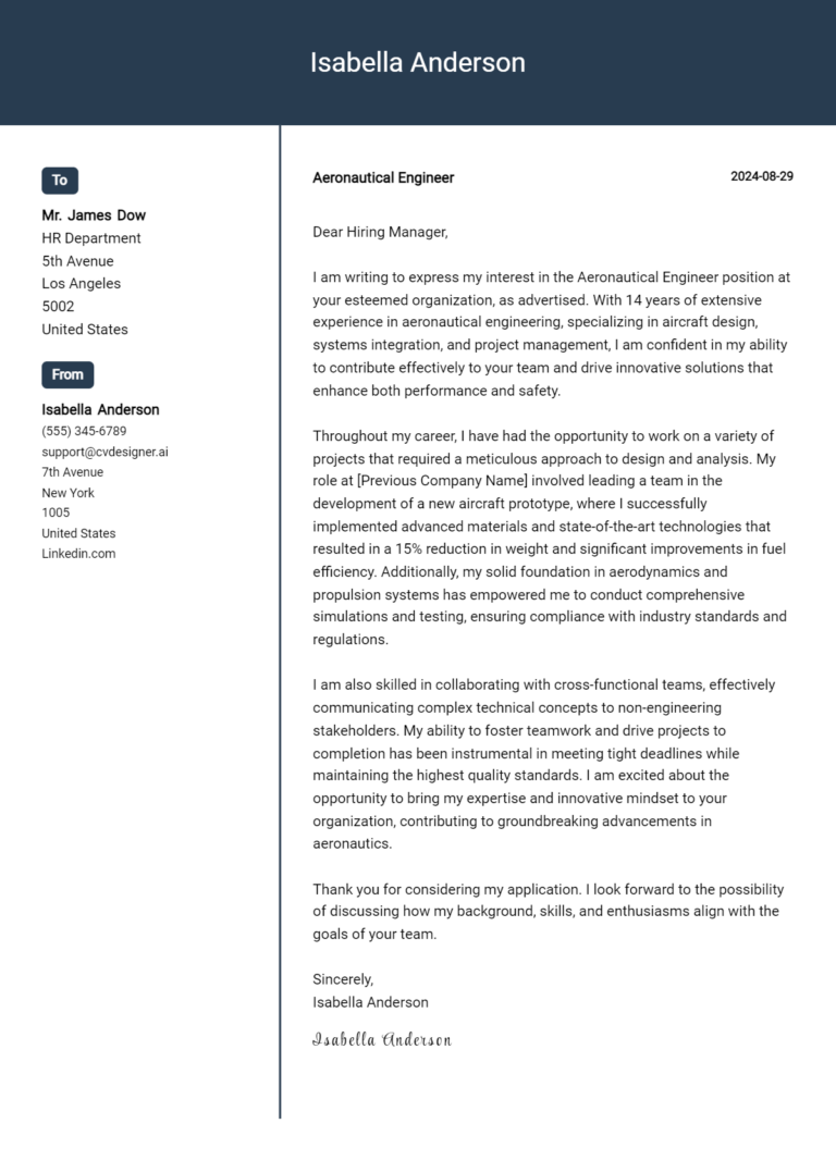 Aeronautical Engineer Cover Letter Examples & Samples for 2025