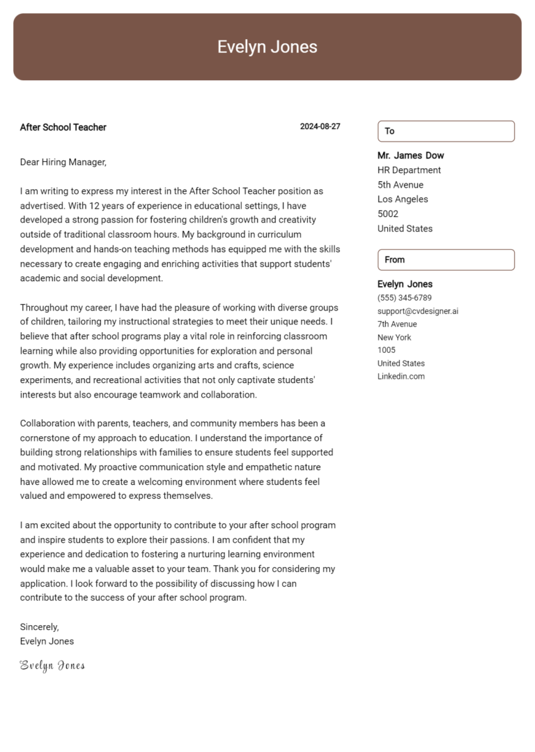 After School Teacher Cover Letter Example for 2025: Proven Tips