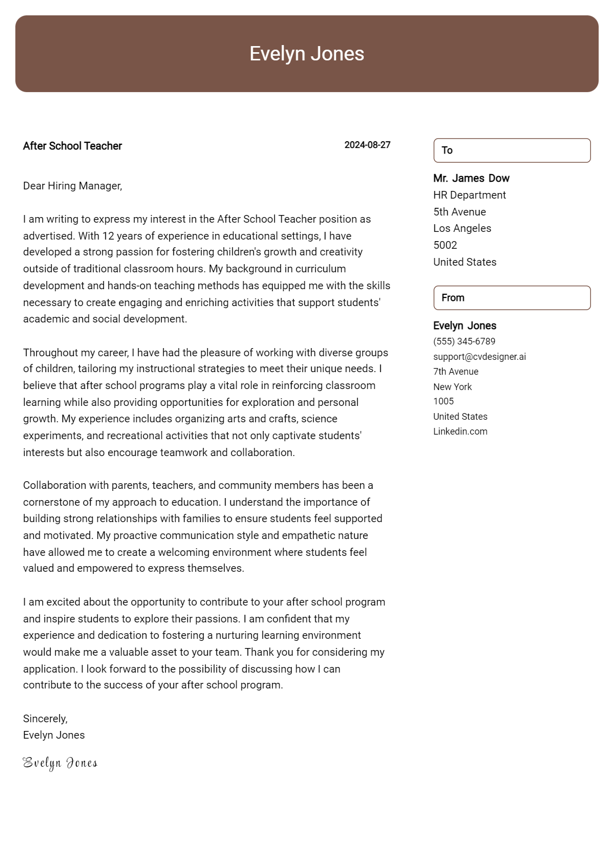 after school teacher cover letter example